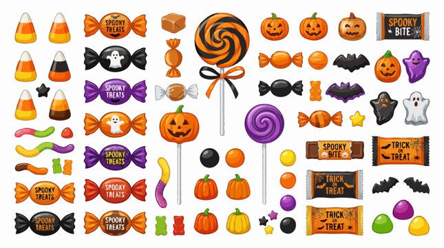 A vibrant collection of Halloween candies and decorations, including pumpkins, bats, ghosts, and various sweets, perfect for a festive celebration