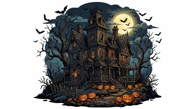 A spooky, old haunted mansion on a hill under a full moon, surrounded by gnarled trees and glowing jack-o'-lanterns, with bats flying in the night sky. A truly eerie Halloween scene.