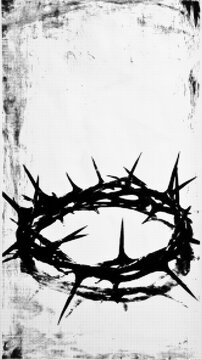 Vintage vector illustration of a crown of thorns in engraved halftone style on a distressed monochrome background with copy space 