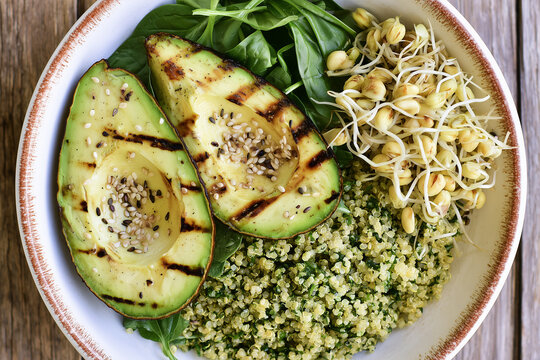 Quinoa mix with grilled avocado, spinach, and soy sprouts