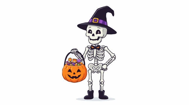 A skeleton dressed as a witch, holding a jack-o'-lantern candy bucket filled with treats. The skeleton wears a black witch hat with purple accents and a bow tie, and has a friendly expression
