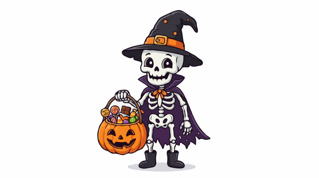 A cartoon skeleton dressed as a wizard, holding a pumpkin full of candy, ready for Halloween