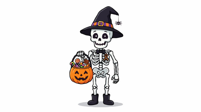 A cartoon skeleton dressed as a witch for Halloween, holding a pumpkin-shaped candy bucket filled with treats. The skeleton wears a black witch hat with an orange buckle and a spider dangling from it.
