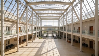 Obraz premium Showcasing central atrium in museum with vaulted skylight, steel frame, columns, glass balcony