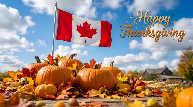 Canadian thanksgiving celebration with pumpkins and a waving maple leaf flag