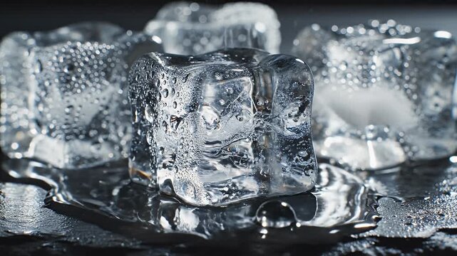 Close-up of glossy, frost-kissed ice cubes shining on a slick reflective surface under dim lighting