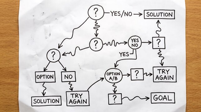 Complex business decision flowchart with multiple pathways, flowchart