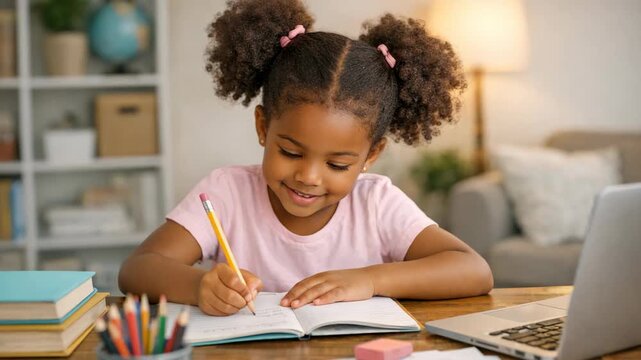 A young girl with curly hair sits at a table, smiling and writing in a notebook. She is surrounded by books and has a laptop nearby. The setting appears to be a comfortable, indoor space.