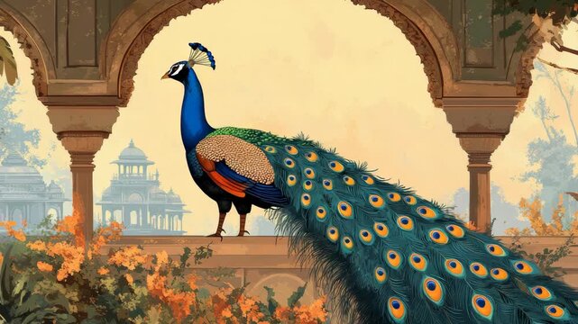 Peacock stands on stone ledge adorned with orange flowers. Its tail fans open, displaying vibrant eye-like patterns. Soft arches frame the scene against a warm, hazy sky. Background hints at distant