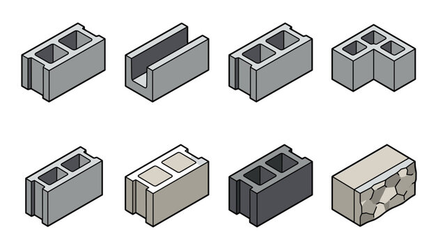 Concrete Cinder Blocks Vector Icon Set with Standard CMU, U-Lintel, Corner Block, and Textured Split Face Masonry