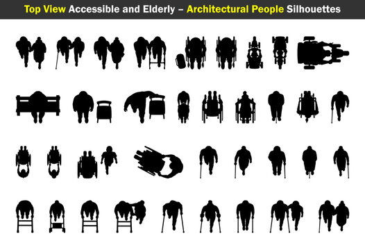 Top View Accessible and Elderly Silhouette Set for Architectural People, wheelchair users, seniors with walkers, canes, mobility assistance and caregiver figures vector illustration