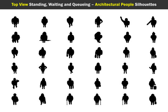 Top View Standing, Waiting and Queueing Silhouette Set for Architectural People, passengers, commuters, public waiting, line formation and human scale figures vector illustration