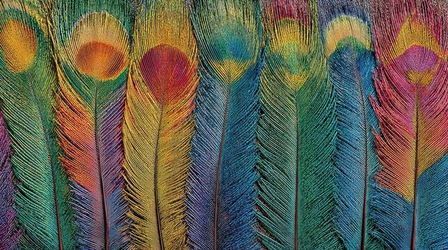Close-up of intricately detailed and vibrant peacock feather patterns, showcasing natural iridescence and rich color.