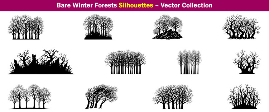 Bare Winter Forest Silhouette Collection with Leafless Deciduous Trees, Woodland Groves and Seasonal Treelines for Landscape Planning and Architectural Designs Vector Illustration
