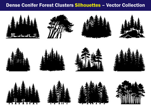 Dense Conifer Forest Cluster Silhouette Collection with Pine, Fir, Spruce and Evergreen Tree Groups for Landscape Planning, Architectural Designs and Woodland Vector Illustration
