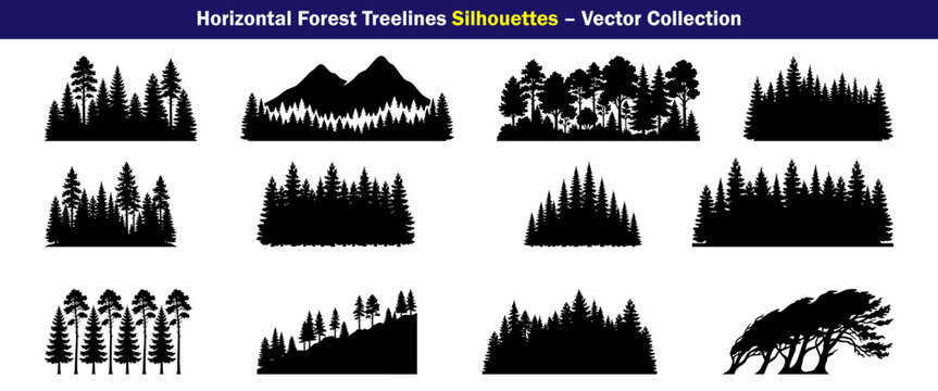 Horizontal Forest Treeline Silhouette Collection with Pine, Fir, Evergreen and Mountain Woodland Borders for Landscape Planning, Architectural Designs and Scenic Vector Illustration