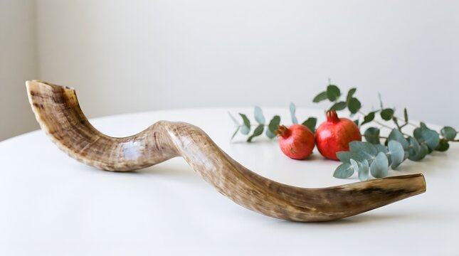 Traditional shofar close up on a white surface with small fruit seeds in the background. Ritual ram horn for the Rosh Hashanah religious holiday and Jewish High Holy Days ceremony
