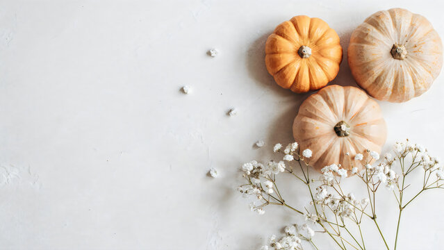 Top view of small pumpkins and baby breath flowers on a white textured background