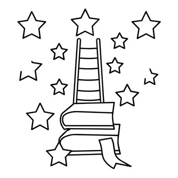 growth mindset lineart ladder made of books leading to stars learning hand drawn black and white outline