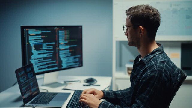 Young Caucasian male programmer write code on computer in home office at late night. AI technology, cybersecurity, software developer, freelance innovation, database system, digital network concept.