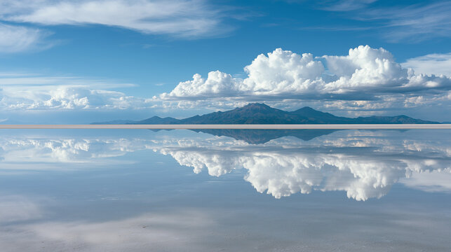 Vast salt flat reflecting the sky like a mirror with distant mountains