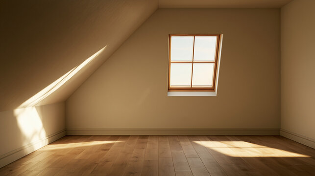 Empty attic room with a slanted ceiling and skylight window warm daylight