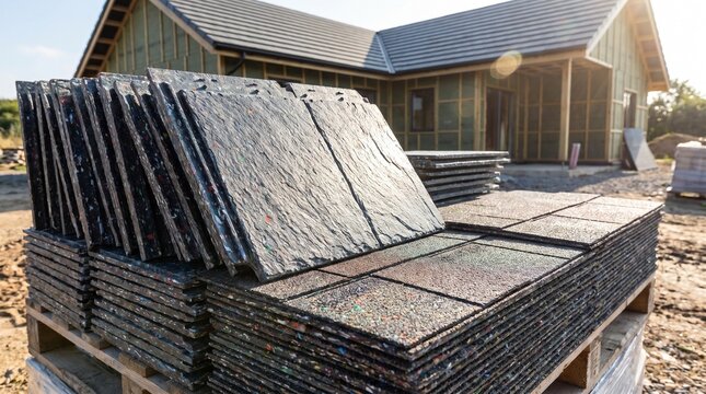 Recycled polymer roofing material stacked on pallets at construction site with house with house background eco friendly sustainability environmental architecture development