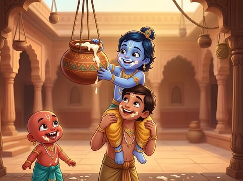 Charming illustration of playful little Krishna stealing butter from a hanging pot with friends, celebrating Janmashtami in a warm, traditional Indian palace courtyard setting.