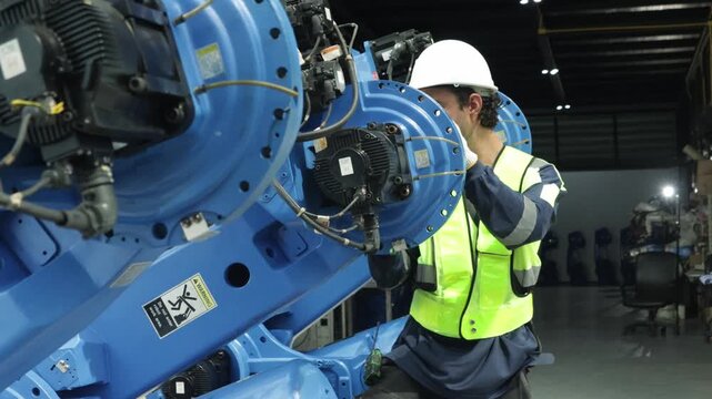 Male robotics engineer knowledge skills inspect electrical systems power supplies and sensors welding robots various points ensure quality welding robot before performing full electrical system test.