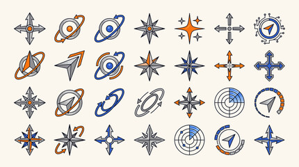 Fototapeta premium Collection of colorful compass rose icons with various designs and directions for navigational and decorative purposes