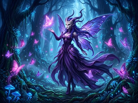 Enchanted Forest Fairy Queen Gracefully Cradling a Glowing Butterfly Amidst Bioluminescent Flora and Ethereal Light