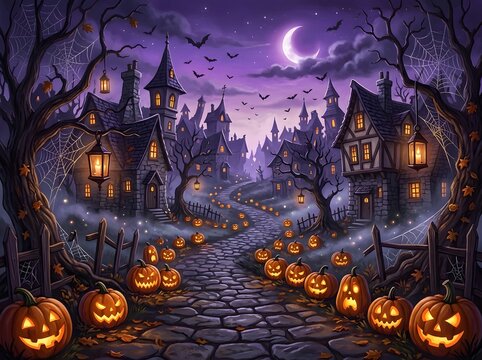 Enchanted Halloween Night Village with Glowing Jack-O'-Lanterns, Mystical Moonlit Castles, and Whispering Trees