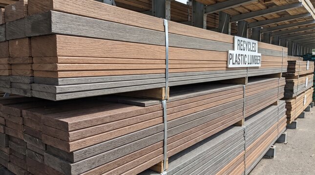 Stacks of recycled plastic lumber in a warehouse with stacked bundles recycled warehouse setting environmental construction sustainable ecofriendly alternative materials with building
