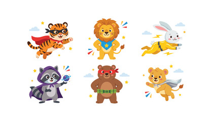 Obraz premium Cute Superhero Animals Vector Clipart Character Set with Cartoon Tiger Lion Bunny Raccoon Bear and Cougar Wearing Capes and Masks for Kids Graphic Designs