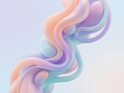 Ethereal 3D Fluid Swirls in Pastel Hues Floating Against Soft Gradient Sky for Modern Digital Art Background