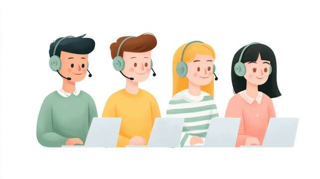 Diverse Customer Support Team with Headsets and Laptops