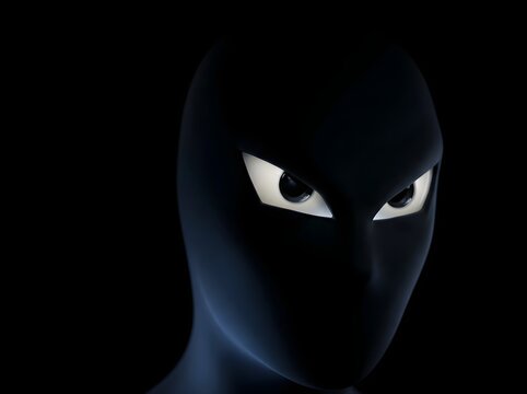 Ethereal Dark Hooded Figure with Glowing Eyes Emerging from Shadows in Minimalist High-Contrast Portraiture