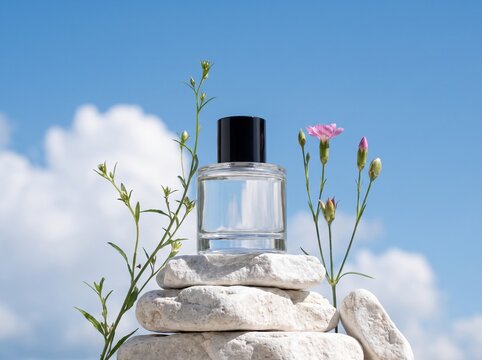 Glass perfume bottle on stacked white stones outdoors against clear blue sky