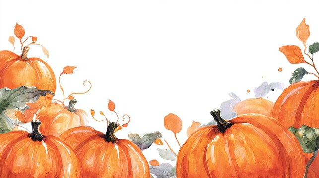 Vibrant watercolor pumpkins arranged for seasonal autumn decoration featuring bright orange colors on a crisp white background for creative design