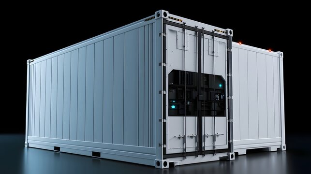 Modern shipping container with open door revealing internal server equipment under ambient lighting