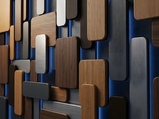 Fototapeta premium Modern Geometric Wall Panels Featuring Sleek Wood and Metallic Textures in Abstract Arrangement with Deep Blue Accents
