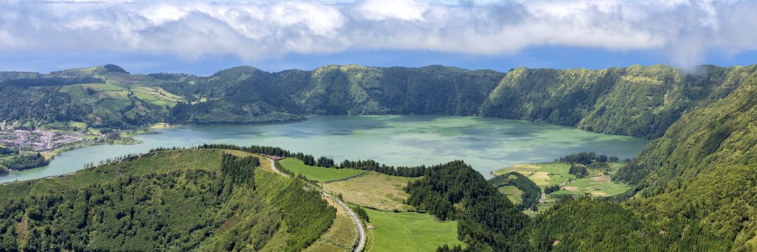 Sete Cidades Azores landscape nature panoramic view on Sao Miguel island volcanic lake crater in Portugal