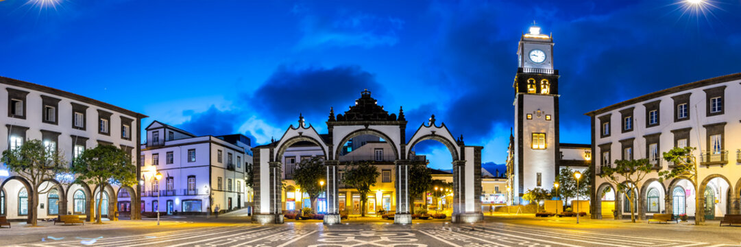 Ponta Delgada Portas da Cidade gate to the city panoramic view on Azores island Sao Miguel in Portugal