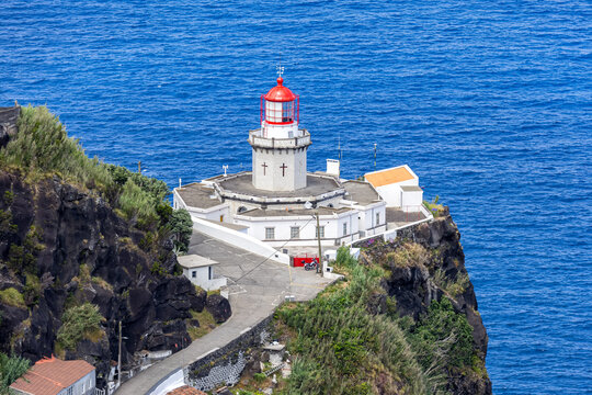 Azores view of Farol do Arnel lighthouse landscape nature on Sao Miguel island in Portugal