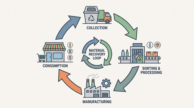 Material recovery loop process diagram with processing manufacturing consumption collection sorting processing five stages collection illustrates material waste management