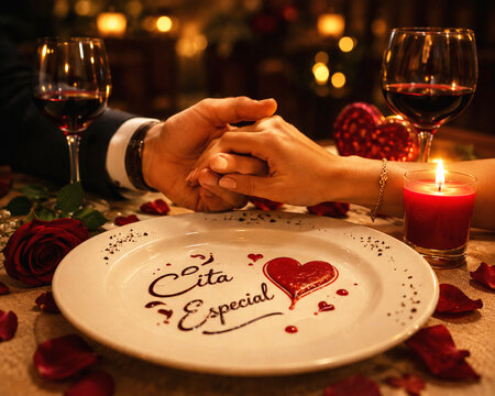 Cena rom&aacute;ntica D&iacute;a de los enamorados con coraz&oacute;n, amor y dar la mano love heart en plato y luz de las velas,p&eacute;talos de rosa y copa de vino celebrando enamoramiento y declaraci&oacute;n de amor con compromiso