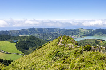 Obraz premium Azores hiking path to Sete Cidades viewpoint landscape nature on Sao Miguel island volcanic lake in Portugal