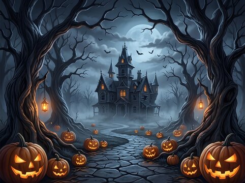 Mysterious Gothic Mansion Illuminated by Jack-O'-Lanterns Along a Moonlit Cobblestone Path Through Enchanted Forest