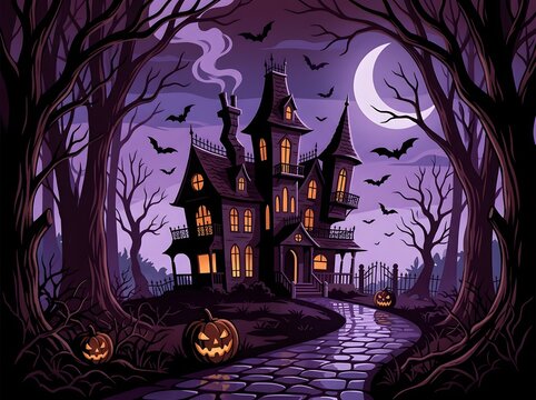 Mysterious Gothic Mansion Illuminated by Moonlight with Carved Jack-O'-Lanterns and Haunting Atmosphere in Dark Forest