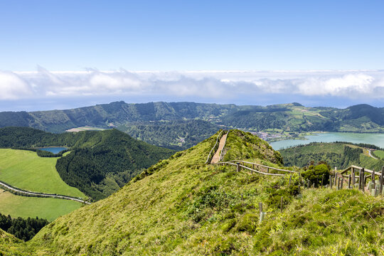 Azores hiking path to Sete Cidades viewpoint landscape nature on Sao Miguel island volcanic lake in Portugal